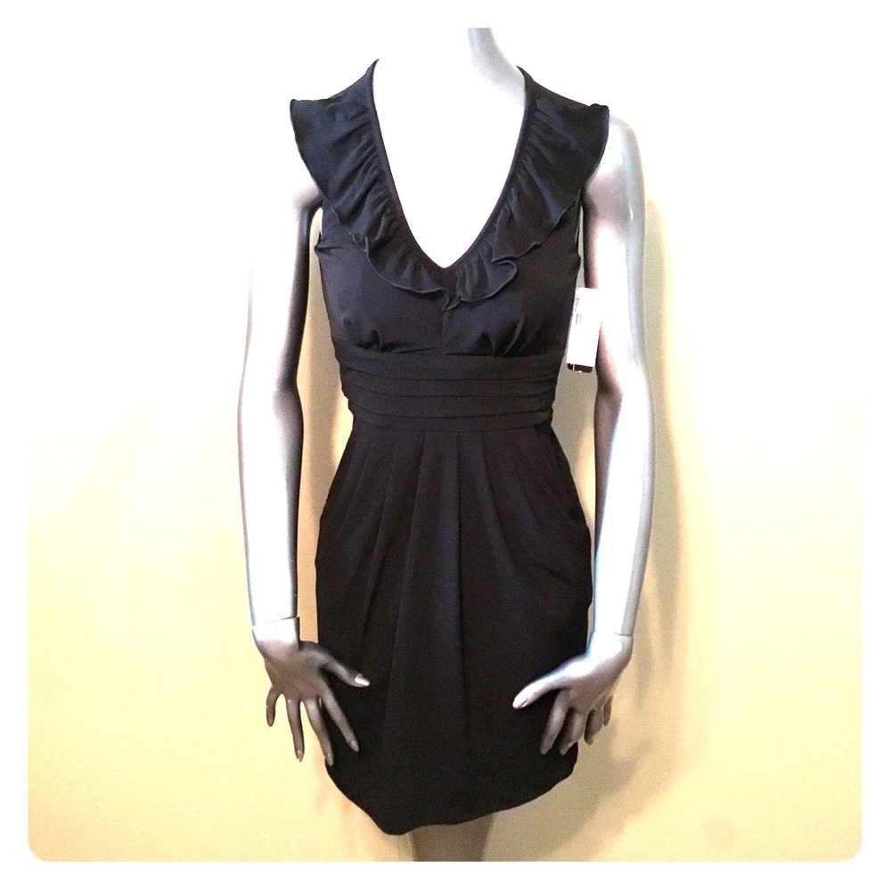 NWT BCX Macy black ruffle neck empire waist dress
